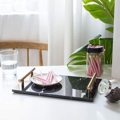 1CHASE Marble Tray with Gold Handle (Black) 30x20 cm