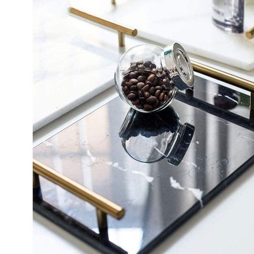 1CHASE Marble Tray with Gold Handle (Black) 30x20 cm
