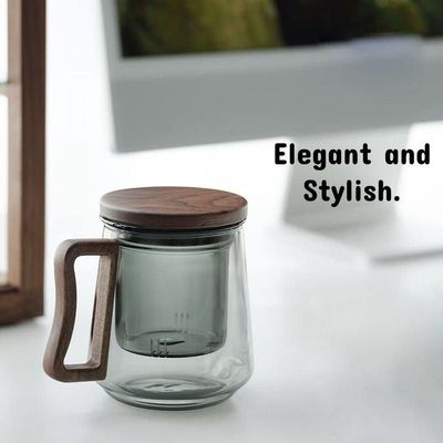 1CHASE Borosilicate Glass Mug With Infuser, Walnut Lid and Handle 500 ML  Smokey Grey