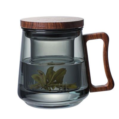 1CHASE Borosilicate Glass Mug With Infuser, Walnut Lid and Handle 500 ML  Smokey Grey