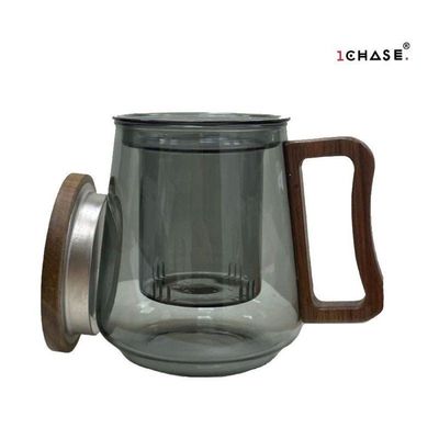 1CHASE Borosilicate Glass Mug With Infuser, Walnut Lid and Handle 500 ML  Smokey Grey