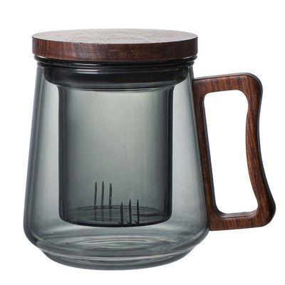 1CHASE Borosilicate Glass Mug With Infuser, Walnut Lid and Handle 500 ML  Smokey Grey