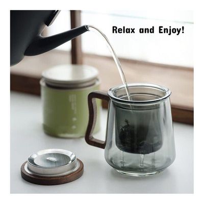 1CHASE Borosilicate Glass Mug With Infuser, Walnut Lid and Handle 500 ML  Smokey Grey