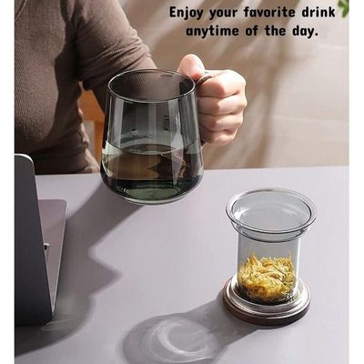 1CHASE Borosilicate Glass Mug With Infuser, Walnut Lid and Handle 500 ML  Smokey Grey