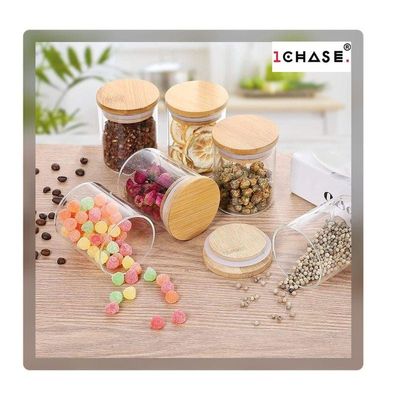 1CHASE Borosilicate Glass Spice Jar With Bamboo Lids 180 ML 10Pcs Set