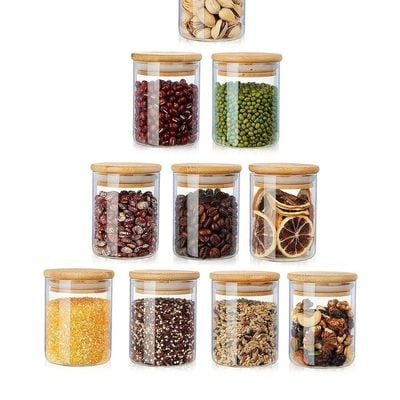 1CHASE Borosilicate Glass Spice Jar With Bamboo Lids 180 ML 10Pcs Set