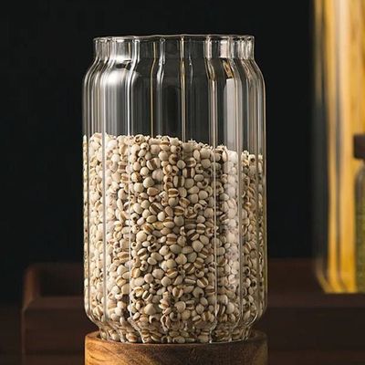 1CHASE Borosilicate Stripe Glass Food Storage Jar With Acacia Wood Air Tight Lid, Set Of 3, 1000 ML