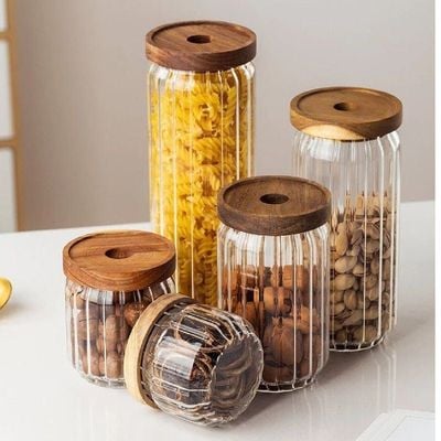 1CHASE Borosilicate Stripe Glass Food Storage Jar With Acacia Wood Air Tight Lid, Set Of 3, 1000 ML