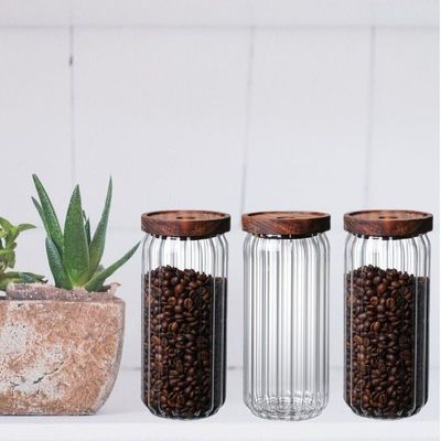 1CHASE Borosilicate Stripe Glass Food Storage Jar With Acacia Wood Air Tight Lid, Set Of 3, 1000 ML