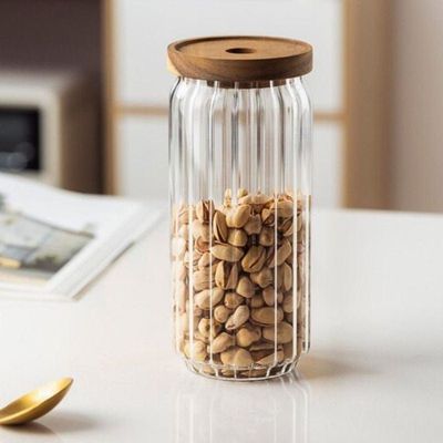 1CHASE Borosilicate Stripe Glass Food Storage Jar With Acacia Wood Air Tight Lid, Set Of 3, 1000 ML