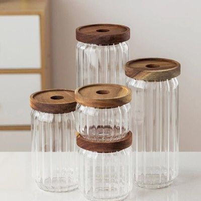 1CHASE Borosilicate Stripe Glass Food Storage Jar With Acacia Wood Air Tight Lid, Set Of 3, 1000 ML