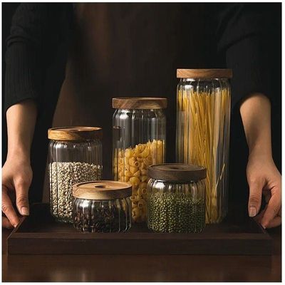 1CHASE Borosilicate Stripe Glass Food Storage Jar With Acacia Wood Air Tight Lid, Set Of 3, 1000 ML