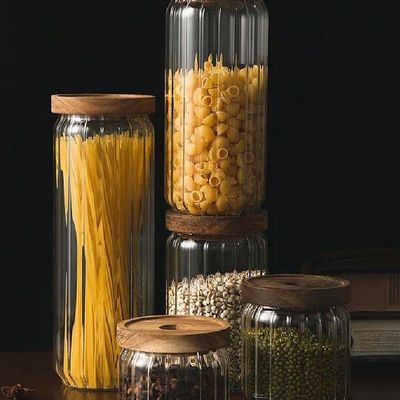 1CHASE Borosilicate Stripe Glass Food Storage Jar With Acacia Wood Air Tight Lid, Set Of 3, 1000 ML