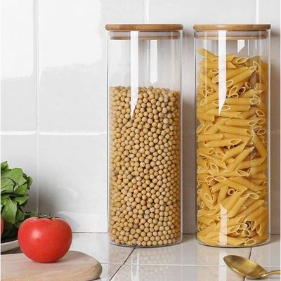 1CHASE Borosilicate Glass Storage Jar With Airtight Bamboo Lid, Clear Glass Container, Pantry Organizer For Spaghetti, Pasta, Noodles, Coffee, Tea, Sugar, Set of 2, 2200ML