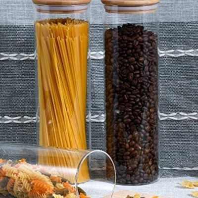 1CHASE Borosilicate Glass Storage Jar With Airtight Bamboo Lid, Clear Glass Container, Pantry Organizer For Spaghetti, Pasta, Noodles, Coffee, Tea, Sugar, Set of 2, 2200ML