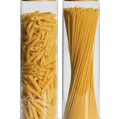 1CHASE Borosilicate Glass Storage Jar With Airtight Bamboo Lid, Clear Glass Container, Pantry Organizer For Spaghetti, Pasta, Noodles, Coffee, Tea, Sugar, Set of 2, 2200ML