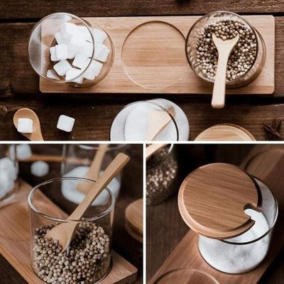 1CHASE Spice Jar With Bamboo Lid Spoon and Bottom Base 3 Pcs Set