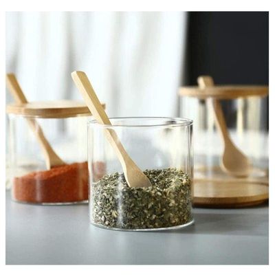 1CHASE Spice Jar With Bamboo Lid Spoon and Bottom Base 3 Pcs Set