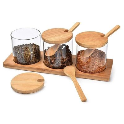 1CHASE Spice Jar With Bamboo Lid Spoon and Bottom Base 3 Pcs Set