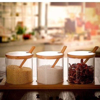 1CHASE Spice Jar With Bamboo Lid Spoon and Bottom Base 3 Pcs Set