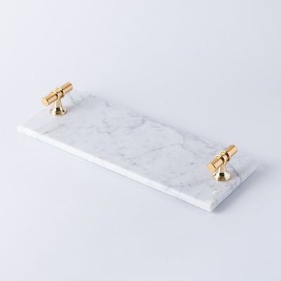 1CHASE Rectangular Marble Tray with T Shaped Golden Handles White