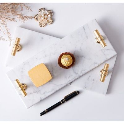 1CHASE Rectangular Marble Tray with T Shaped Golden Handles White