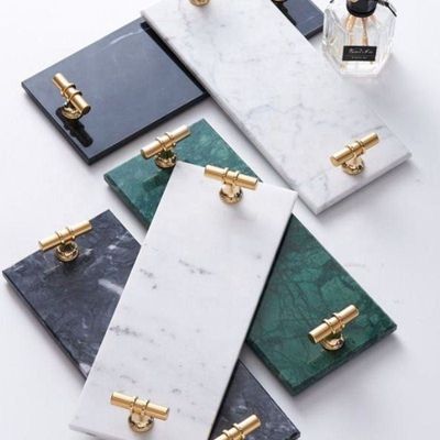 1CHASE Rectangular Marble Tray with T Shaped Golden Handles White