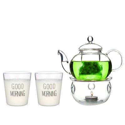 1CHASE Glass Teapot with Burner and Good Morning Printed Glass 2 Pcs set