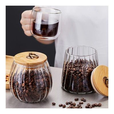 1CHASE Borosilicate Glass Storage Jars With Airtight Bamboo Lid And Metal Handle, Petal Decorative Containers, To Store Coffee Beans, Tea, Spices Etc Set of 2 (Oval & Conical) 600/700ML