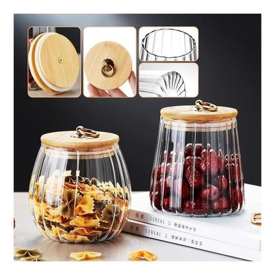 1CHASE Borosilicate Glass Storage Jars With Airtight Bamboo Lid And Metal Handle, Petal Decorative Containers, To Store Coffee Beans, Tea, Spices Etc Set of 2 (Oval & Conical) 600/700ML