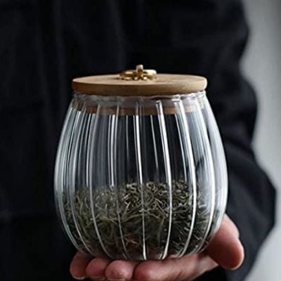 1CHASE Borosilicate Glass Storage Jars With Airtight Bamboo Lid And Metal Handle, Petal Decorative Containers, To Store Coffee Beans, Tea, Spices Etc Set of 2 (Oval & Conical) 600/700ML