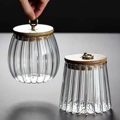 1CHASE Borosilicate Glass Storage Jars With Airtight Bamboo Lid And Metal Handle, Petal Decorative Containers, To Store Coffee Beans, Tea, Spices Etc Set of 2 (Oval & Conical) 600/700ML