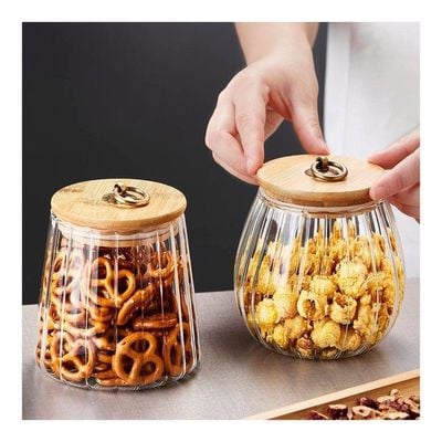 1CHASE Borosilicate Glass Storage Jars With Airtight Bamboo Lid And Metal Handle, Petal Decorative Containers, To Store Coffee Beans, Tea, Spices Etc Set of 2 (Oval & Conical) 600/700ML