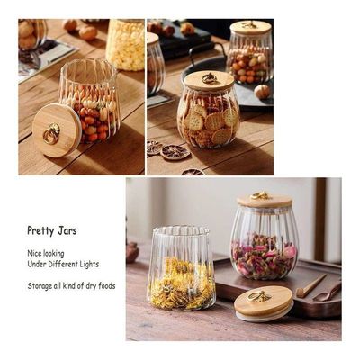 1CHASE Borosilicate Glass Storage Jars With Airtight Bamboo Lid And Metal Handle, Petal Decorative Containers, To Store Coffee Beans, Tea, Spices Etc Set of 2 (Oval & Conical) 600/700ML