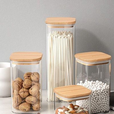 1CHASE Square Storage Jar With Bamboo Lid 1800 ML 2Pcs Set