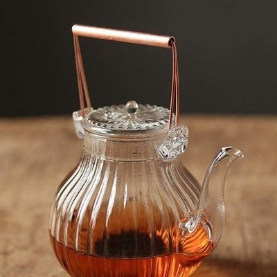 1CHASE Borosilicate Ridged Glass Teapot With Copper Handle 600 ML