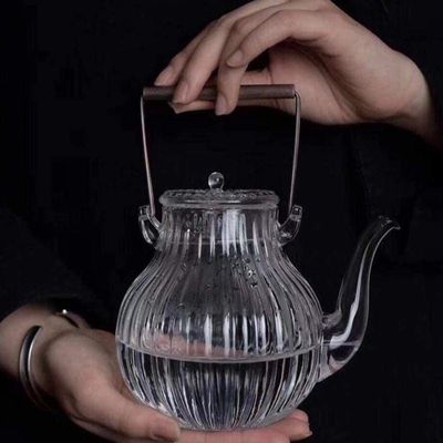 1CHASE Borosilicate Ridged Glass Teapot With Copper Handle 600 ML