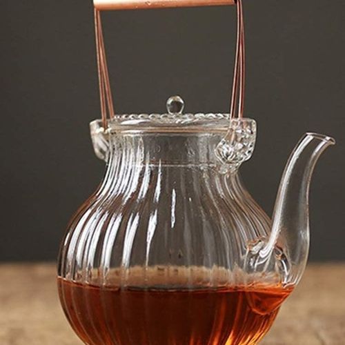 1CHASE Borosilicate Ridged Glass Teapot With Copper Handle 600 ML