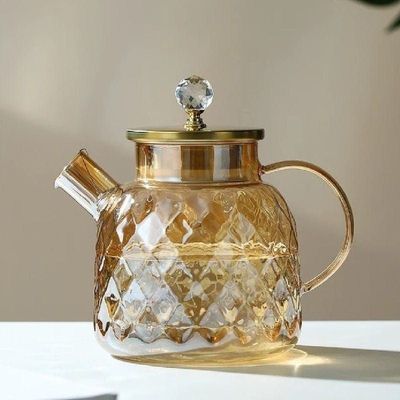 1CHASE Heat Resistant Borosilicate Diamond Pattern Glass Teapot With Stainless Steel Strainer Lid And Infuser, 1200 ML