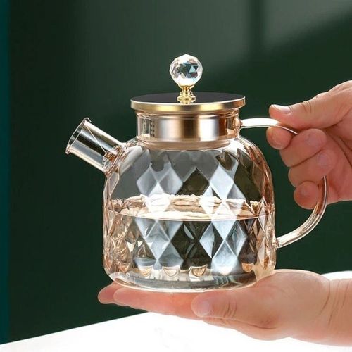 1CHASE Heat Resistant Borosilicate Diamond Pattern Glass Teapot With Stainless Steel Strainer Lid And Infuser, 1200 ML