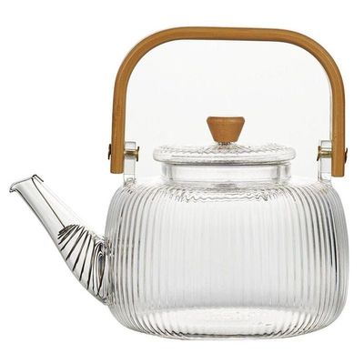 1CHASE Borosilicate Stripe Glass Teapot With Bamboo Handle and Lif for Loose Leaf Tea, Blooming Tea, Flower Tea e, 1000 ML