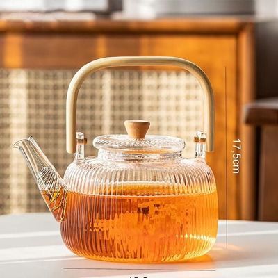 1CHASE Borosilicate Stripe Glass Teapot With Bamboo Handle and Lif for Loose Leaf Tea, Blooming Tea, Flower Tea e, 1000 ML