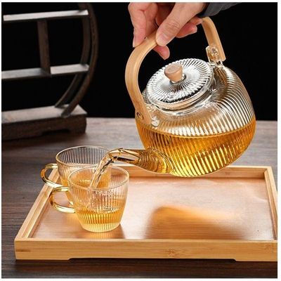 1CHASE Borosilicate Stripe Glass Teapot With Bamboo Handle and Lif for Loose Leaf Tea, Blooming Tea, Flower Tea e, 1000 ML