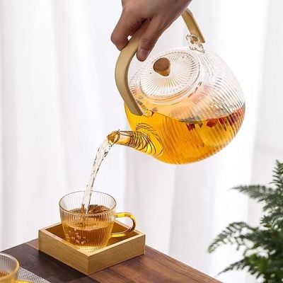 1CHASE Borosilicate Stripe Glass Teapot With Bamboo Handle and Lif for Loose Leaf Tea, Blooming Tea, Flower Tea e, 1000 ML