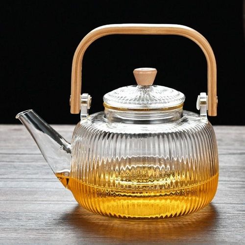1CHASE Borosilicate Stripe Glass Teapot With Bamboo Handle and Lif for Loose Leaf Tea, Blooming Tea, Flower Tea e, 1000 ML