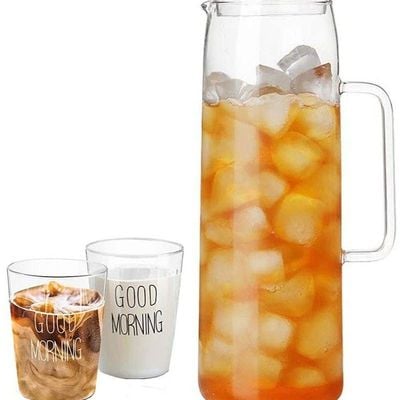 1CHASE Borosilicate Water Jug With Glass Lid 1500 ML and 2 Pcs Good Morning Printed Glass  Set