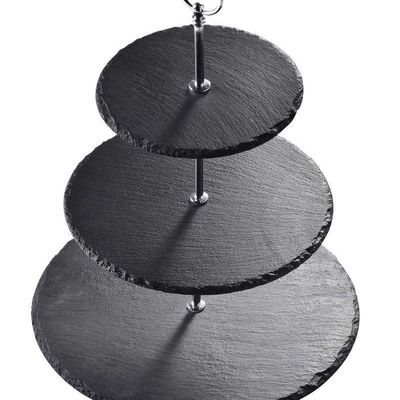 1CHASE Natural Black Stone 3 Tier Round Slate Cake Stand with Chrome Carry Loop