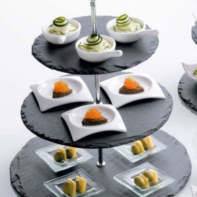 1CHASE Natural Black Stone 3 Tier Round Slate Cake Stand with Chrome Carry Loop