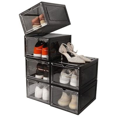1CHASE Stackable Shoe Storage Box Front Open Black 6Pcs Set