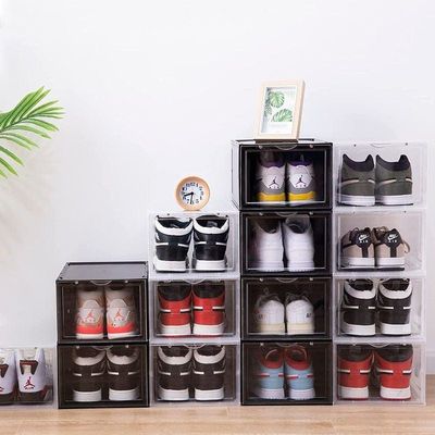 1CHASE Stackable Shoe Storage Box Front Open Black 6Pcs Set